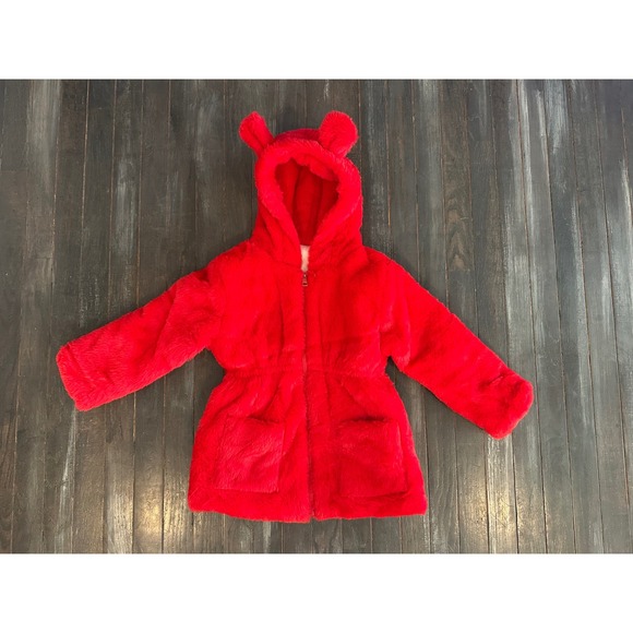 Unbranded Other - Girls Red Faux Fur Hooded Jacket with Ears Teddy Coat Zip Up Winter Outerwear